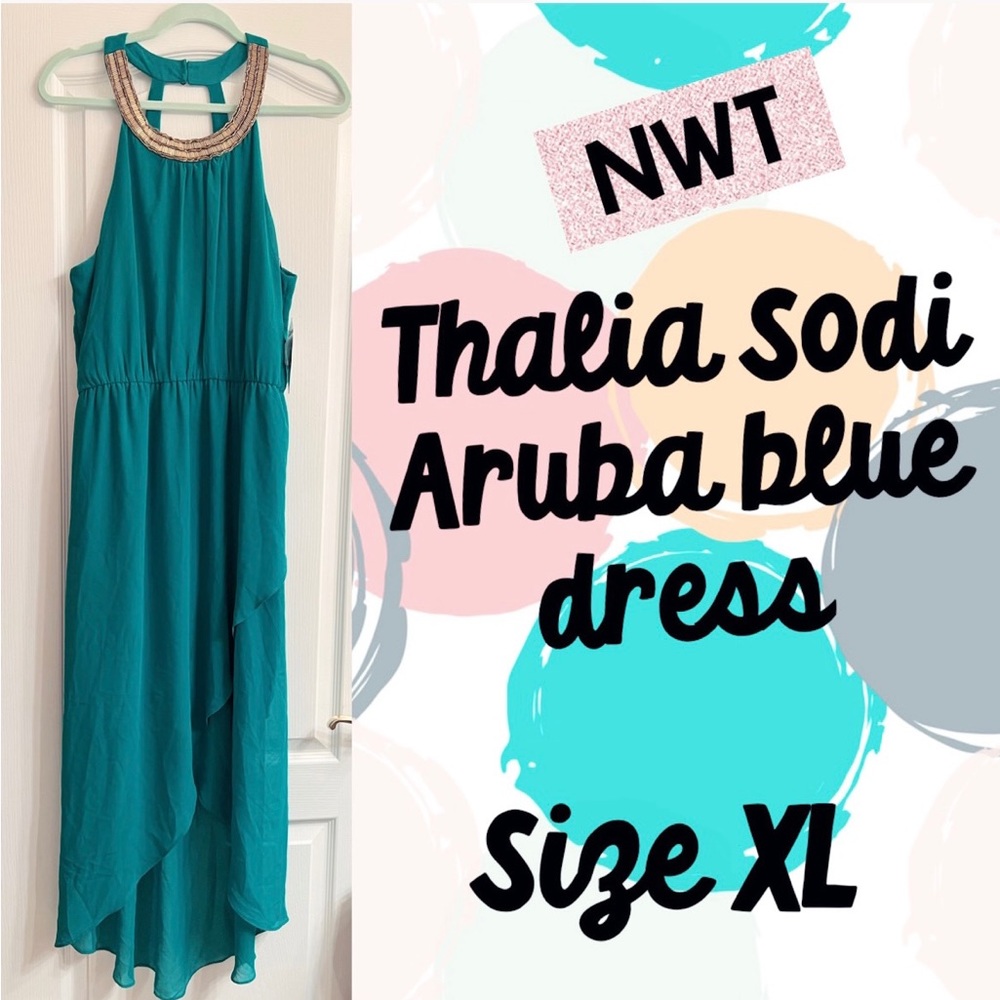 Thalia Sodi Aruba Blue High Collar Beaded Aqua Hi Low Spring Dress - size XL